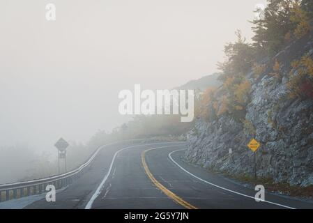 Eine Straße im Nebel, in den Shawangunk Mountains, New York Stockfoto