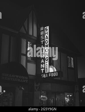 Shagwong Tavern Restaurant Neonschild in der Innenstadt von Montauk bei Nacht, The Hamptons, New York Stockfoto