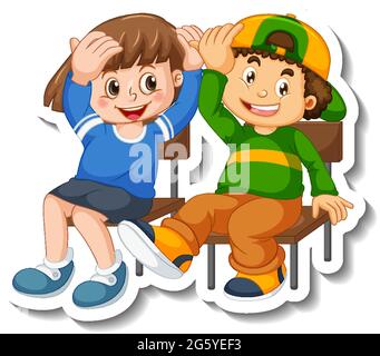 Sticker Vorlage mit paar Kindern Studenten Cartoon Charakter isoliert Illustration Stock Vektor