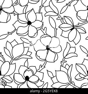 Ein nahtloses Blumenmuster. Ein lineares, handgezeichnetes Muster aus Blumen und einem Magnolienblatt auf einem weißen, isolierten Hintergrund. Vektorgrafik Stock Vektor