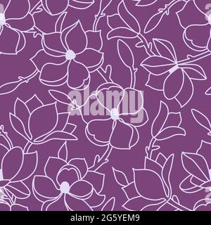 Nahtloses Blumenmuster. Eine lineare Handzeichnung mit Blüten und Blättern der Magnolie. Ein leichter Umriss auf einem fliederfarbenen Hintergrund. Vektorgrafik Stock Vektor