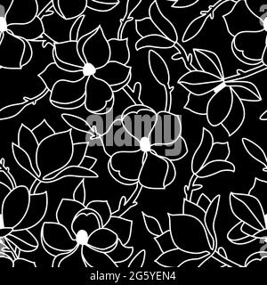 Nahtloses Blumenmuster. Eine lineare Handzeichnung mit Blüten und Blättern der Magnolie. Ein weißer Umriss auf schwarzem Hintergrund. Vektorgrafik Stock Vektor