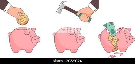 Sparschwein, Vektorgrafik. Das Sparschwein ist mit Geld gefüllt, zerschlagen, es ist kaputt, es ist eine Münze drin. Flacher Style. Isolierte Symbole der Finanzen vor weißem Hintergrund. Stock Vektor