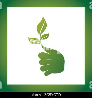 Symbol „Pflege der Anlage“. Hand, halten, sapling, Blatt. Gartenkonzept. Vektorgrafik kann für Themen wie Wachstum, Pflanzung, Ökologie verwendet werden Stock Vektor
