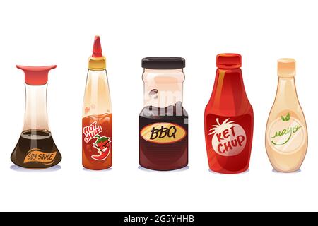 Saucen und Dressings in Glas- und Plastikflaschen isoliert auf weißem Hintergrund. Ketchup, Mayonnaise, bbq, scharfe Chili- und Sojawürze in der Packung. Vector Cartoon Satz von verschiedenen Saucen Stock Vektor