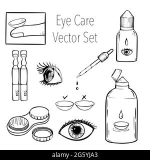Kontaktlinsen Gesundheitswesen Vektor Illustration. Zeichentricksymbole für die Augenheilkunde. Stock Vektor