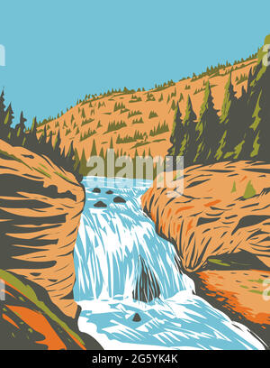 WPA-Plakatkunst der Feuerloch-Fälle auf dem Feuerloch-Fluss im südwestlichen Yellowstone-Nationalpark, Wyoming, USA, in Works-Projekt durchgeführt Stock Vektor