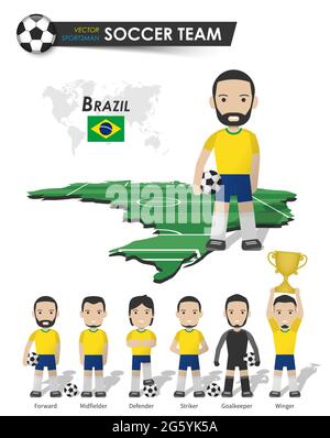 Brasilianische Fußballnationalmannschaft . Fußballspieler mit Sporttrikot stehen auf Perspective Field Country Map und Weltkarte . Satz der Fußballer Position Stock Vektor