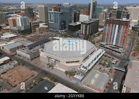 Eine Luftaufnahme der Phoenix Suns Arena, Dienstag, 2. März 2021, in Phoenix. Stockfoto