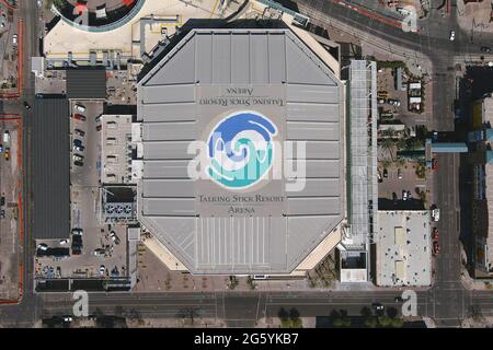 Eine Luftaufnahme der Phoenix Suns Arena, Dienstag, 2. März 2021, in Phoenix. Stockfoto