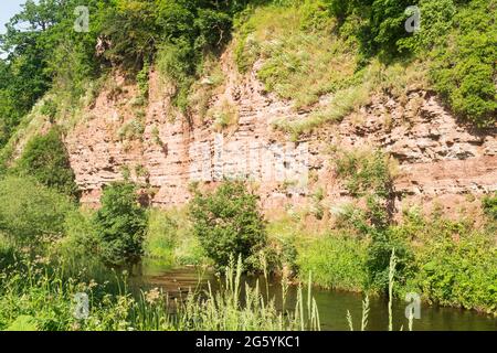 Aufschlüsse aus rotem Sandstein am Fluss Jed Water in Jedburgh, Schottland, Großbritannien Stockfoto