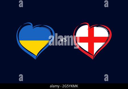 Ukraine gegen England, Flaggen-Embleme. Fußballsymbole der Nationalmannschaft auf blauem Hintergrund. Ukrainische und englische Nationalflagge im Herzen. Vektorgrafik Stock Vektor