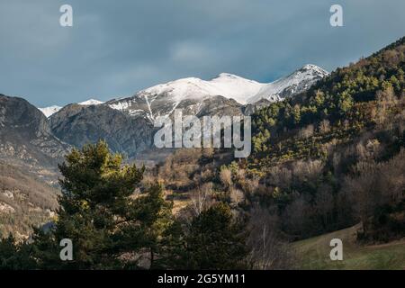 Wunderschöne Berglandschaft im Tal mit grünem Wald, beleuchtet mit Morgensonne auf dem Hintergrund der schneebedeckten Pyrenäen in Spanien unter blauem Himmel. Stockfoto