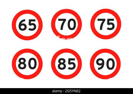 Geschwindigkeitsbegrenzung 65, 70, 75, 80, 85, 90 Runde Straße Verkehrssymbol Schild flach Stil Design Vektor Illustration Set isoliert auf weißem Hintergrund. Kreisstandar Stock Vektor