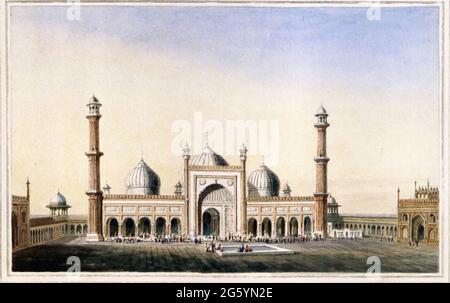 The Jummah Musjed, Delhi, Januar 1797 die Jami Masjid, die größte Moschee in Indien, wurde zwischen 1644 und 1658 als das wichtigste Denkmal von Delhi, der neuen Hauptstadt des Moghul-Kaiser Shah Jahan, im Jahr 1638 gegründet gebaut. Die Moschee steht auf einer hohen Plattform auf einem Felsen und hat drei riesige Tore, die durch breite Treppen, die zu einem großen Innenhof führen, angefahren werden. Die Minarette und der gewölbte Gebetsraum sind mit weißem Marmor und dunkelrotem Standstein verziert und die Türen sind mit Messingschnitzereien verziert. Aus dem Buch "Orientalische Landschaft: Hundertfünfzig Ansichten der Architektur, antiquitie Stockfoto