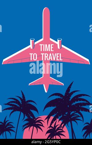 Flugzeug am Himmel, Palmen, Sonnenuntergang. Time to Travel Vintage Summer Holiday Poster, Banner. Vektor-Illustration flach Stil retro Stock Vektor