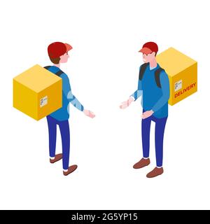 Courier mit Box, Vorderansicht, Rückansicht. Delivery Service Isometrisches Konzept. Schneller Versand 24 7, Online-Vorlage für Lebensmittelbestellung Banner. Vektor Stock Vektor