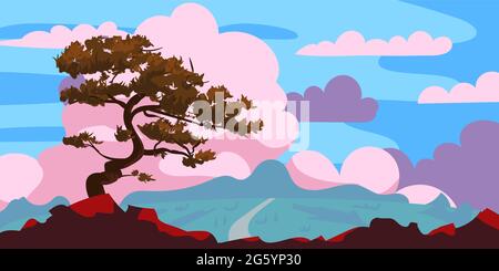 Sonnenuntergang Baumsilhouette auf einer Klippe, Wolken nach Regen. Landschaft Abend Panorama Horizont, Farbe, Distanz. Vektorgrafik Cartoon-Stil Stock Vektor