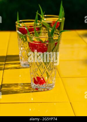 Erfrischende Sommergetränke in Kristallgläsern mit grünen Blättern Himbeer-gelbe Kacheln Hintergrund Schatten. Süßer, kalter natürlicher Cocktail an heißen Sommertagen. So Stockfoto
