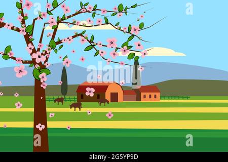 Frühlingslandschaft ländliche Landschaft, Blütenbaum, ländliche Natur mit Bauernhaus, Scheune und Grasblumen. Panorama Frühling grüne Felder, blauer Himmel Stock Vektor