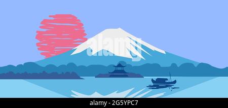 Fuji Berg Sonnenaufgang Landschaft Japan Panorama. See Sonne Boot asiatischen Tempel Vektor Illustration Poster Banner isoliert Stock Vektor