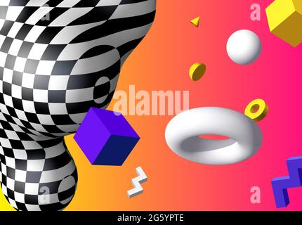 Abstrakter Hintergrund mit fliegenden bunten geometrischen 3D-Formen über einem lebendigen Hintergrund mit verlaufendem Hintergrund. Abstraktion mit karierter Form im 90er-Stil. Stock Vektor