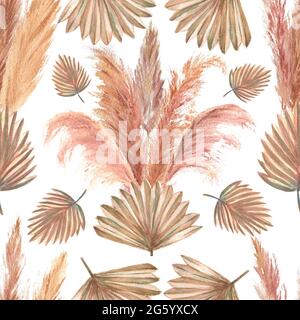 Nahtloses Muster mit tropischen Blättern und Pampagras auf weißem, isoliertem Hintergrund. Aquarelldarstellung Stockfoto