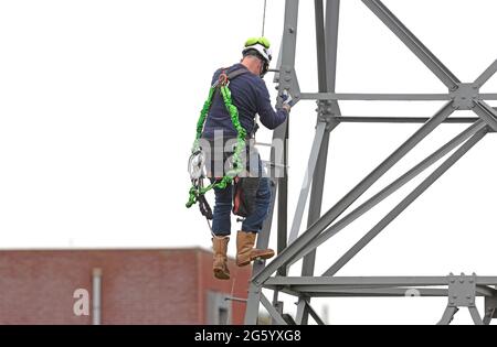 Elektriker arbeitet an einem Pol, Hochspannung Stockfoto