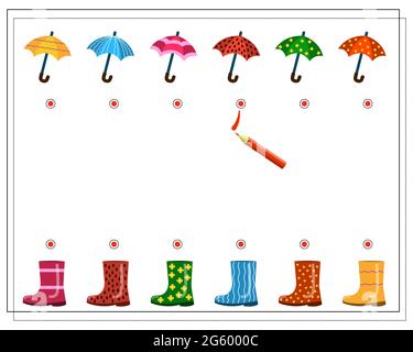 Ein logisches Spiel für Kinder, finden Sie ein Paar für einen Regenschirm und einen Stiefel mit dem gleichen Muster. Vektor auf weißem Hintergrund isoliert Stock Vektor