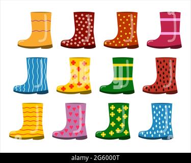 Ein Satz Gummistiefel mit verschiedenen Mustern. Vektor auf weißem Hintergrund isoliert. Stock Vektor