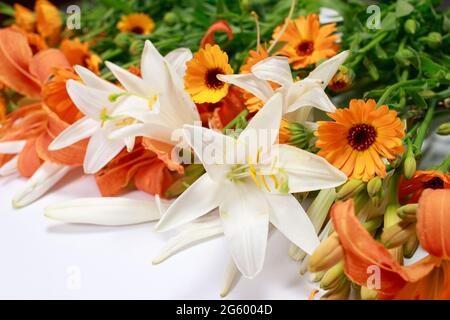 Eine schöne Reihe von Blumen aus weißen und orangen Lilien, um einen Blumenstrauß zu sammeln. Stockfoto