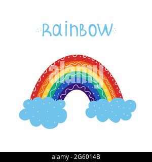 Farbenfroher Regenbogen mit Wolken isoliert auf weißem Hintergrund bedruckbares Poster für Kinder. Stock Vektor