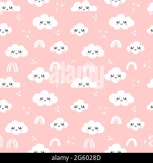 Wolkiger Himmel mit mehreren Kawaii-Gesichtswolken - lustiges handgezeichnetes Doodle, nahtloses Muster. Schriftzug Poster oder T-Shirt Textil Grafik-Design. Hintergrund, Stock Vektor
