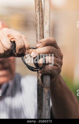 Die Hände älterer Menschen bei der Arbeit, selektiver Fokus auf die geleistete Arbeit Stockfoto