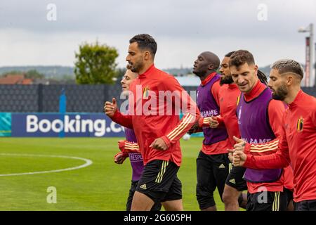 Der belgische Nacer Chadli, der belgische Romelu Lukaku, der belgische Jason Denayer, der belgische Thomas Meunier und der belgische Yannick Carrasco, die während eines TR-Fotos zu sehen waren Stockfoto