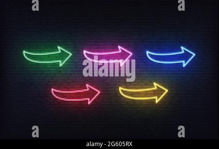 Pfeile Neonsymbole gesetzt. Leuchtende bunte Schilder Pfeile Stock Vektor