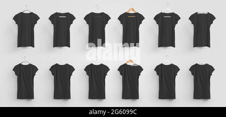 Vorlage von schwarzen Damen-T-Shirt hängen an verschiedenen Kleiderbügeln mit Schatten, für die Präsentation von Design und Logo. Modische, modische Garderobe Stockfoto