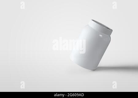 Weiße Flaschenschablone für Pillen oder Vitamine, kosmetische Verpackung für den Einsatz in der Apotheke oder Medizin, isoliert auf dem Hintergrund. Mockup-Gläser für Design-Presen Stockfoto