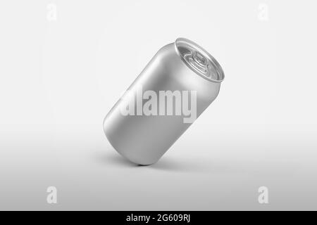 Metallbehälter-Schablone, kleine Blechdose mit einem kühlen Getränk, isoliert auf weißem Hintergrund. Mockup frische Aluminiumflasche mit realistischen Schatten für Prese Stockfoto