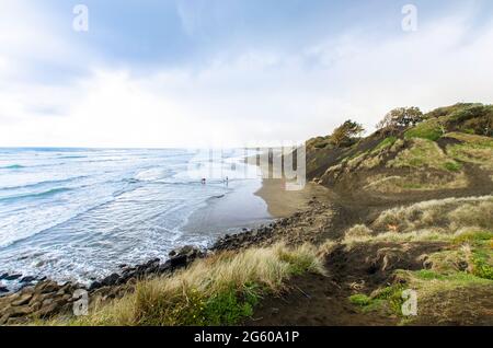 Muriwai Beach, die sich am Muriwai Regional Park befindet, ist es an der Westküste der Nordinsel in Auckland, Neuseeland Stockfoto