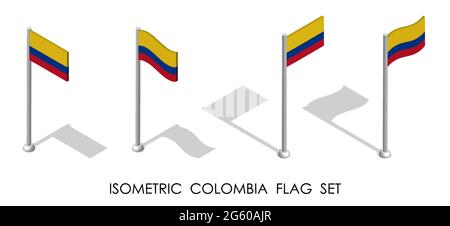 Isometrische Flagge Kolumbiens in statischer Position und in Bewegung auf Fahnenmast. 3d-Vektor Stock Vektor