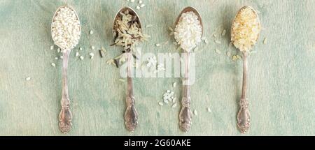 Draufsicht auf verschiedene Reissorten in Löffeln mit Kopierraum. Wildreis, Sushi-Reis, geschredderter und gedämpfter Reis auf grünem Holzgrund. Gesund Stockfoto