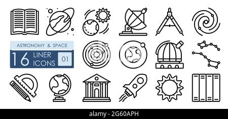 Wissenschaft Astronomie und Weltraumforschung. Rakete für Flüge zum Mond, Spiralgalaxie, Observatorium und Radioteleskop. Satz einfacher linearer Symbole Stock Vektor