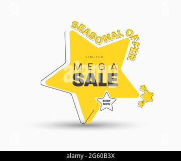 Gelber Aufkleber in Form eines Sterns, der an der Ecke für einen Mega-Großverkauf steht. Banner-Vorlage mit schwarzem Text und Kontur. Saisonale Rabatte Stock Vektor