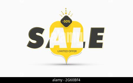 Quadratische gelbe und schwarze Tag-Vorlage auf dem Bein für Verkäufe und Rabatte. Banner mit abgerundeten Ecken mit Schatten und schwarzem Strich. Stock Vektor