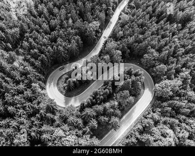 Straße Serpentin im Wald von oben Stockfoto