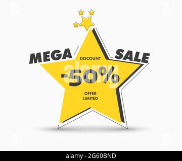 Stern gelb Tag Vektor-Vorlage für Mega großen Verkauf. Gestalten Sie Banner mit schwarzem Strich und Text, mit einem Rabatt von 50 Prozent Stock Vektor