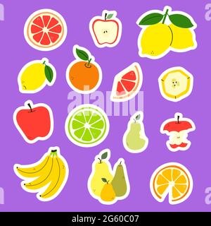 Positive Sommer-Sticker-Packung. Sammlung von Obst Aufkleber. Sticker-Paket. Bunte Vektor-Vitamin-Illustrationen. Orange Grapefruit in Scheiben schneiden Stock Vektor