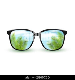 Schwarze Sonnenbrille mit Spiegelung des tropischen Naturhimmels mit Wolken. Isoliert auf weißem Hintergrund. Stock Vektor