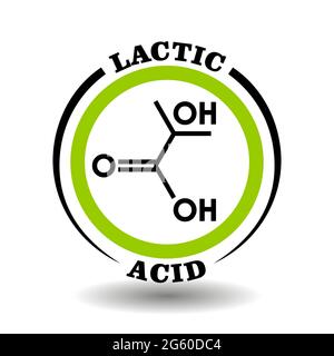 Kreisvektor-Symbol mit chemischer Formel von Milchsäure-Symbol zum Verpacken von Zeichen von Kosmetika, Tags von medizinischen Produkten mit Laktat-Inhaltsstoff Stock Vektor